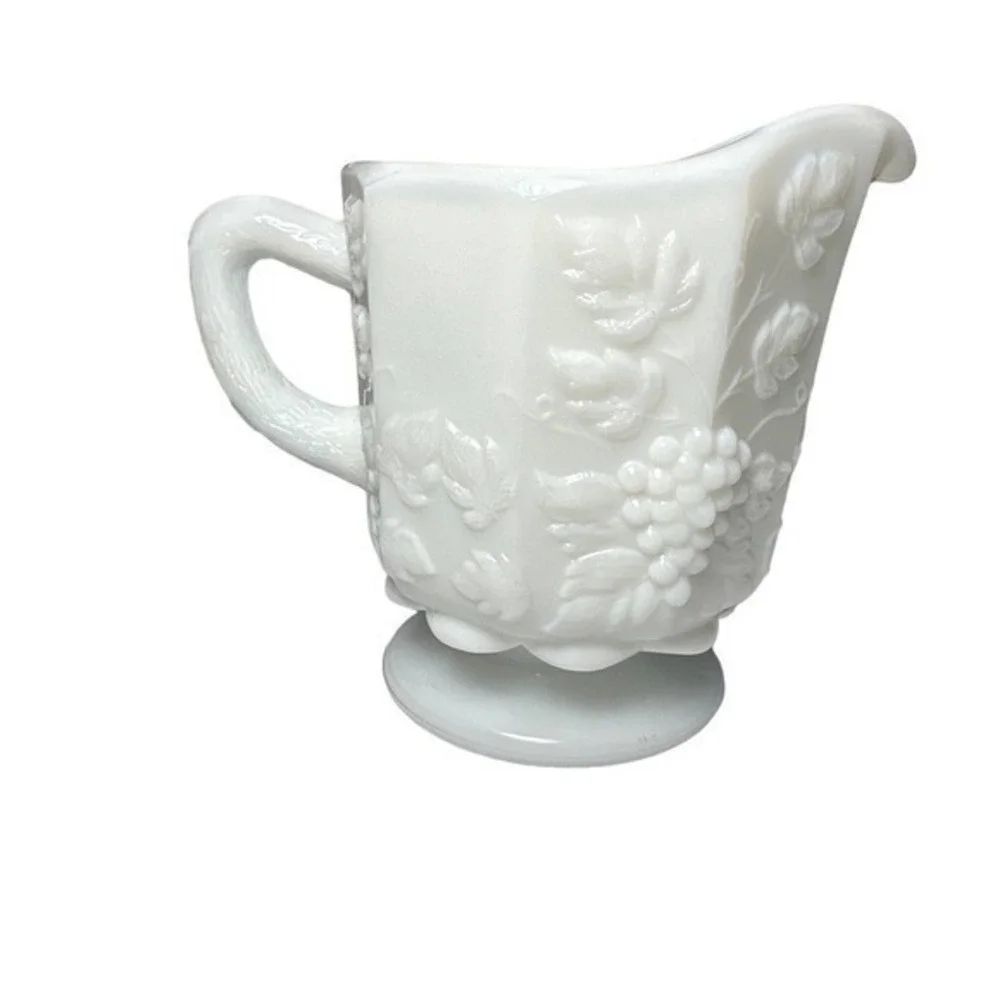 Westmoreland Milk Glass Creamer. Pitcher with Embossed Leaves and Grapes Pattern